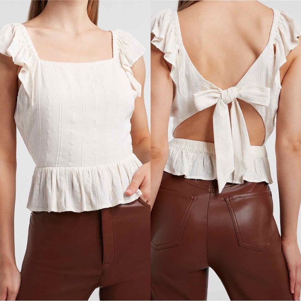 💥 NEW | Off White Embroidered Peplum Tank with Open Back & Tie Design